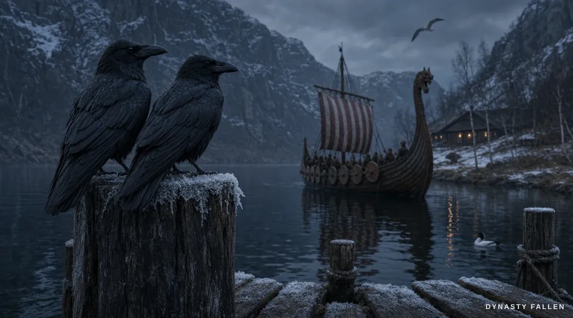 Two ravens perch side by side on a frost‑blackened timber po.