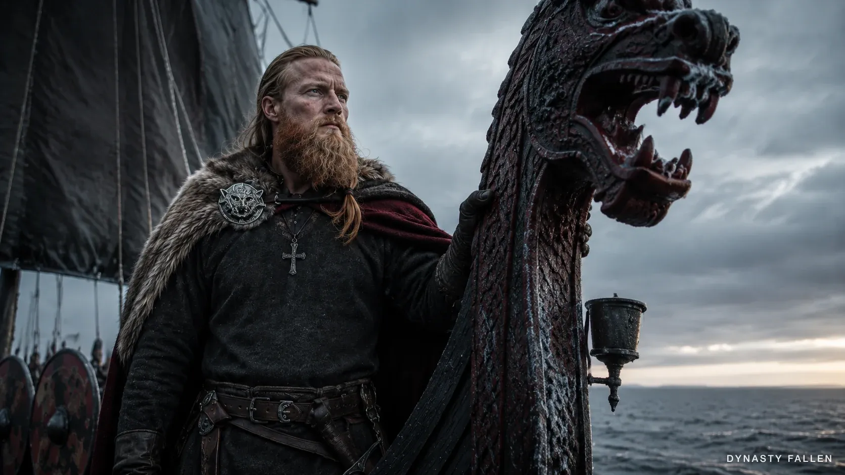 Olaf Tryggvason at the prow of the Long Serpent, oxblood-red and black dragon-head dominating the right of the frame, his sea-grey eyes fixed on the horizon, heavy oxblood-red wool cloak with dark wolf-fur trim, bronze wolf-head brooch, small silver Christian cross on a leather thong at his throat.