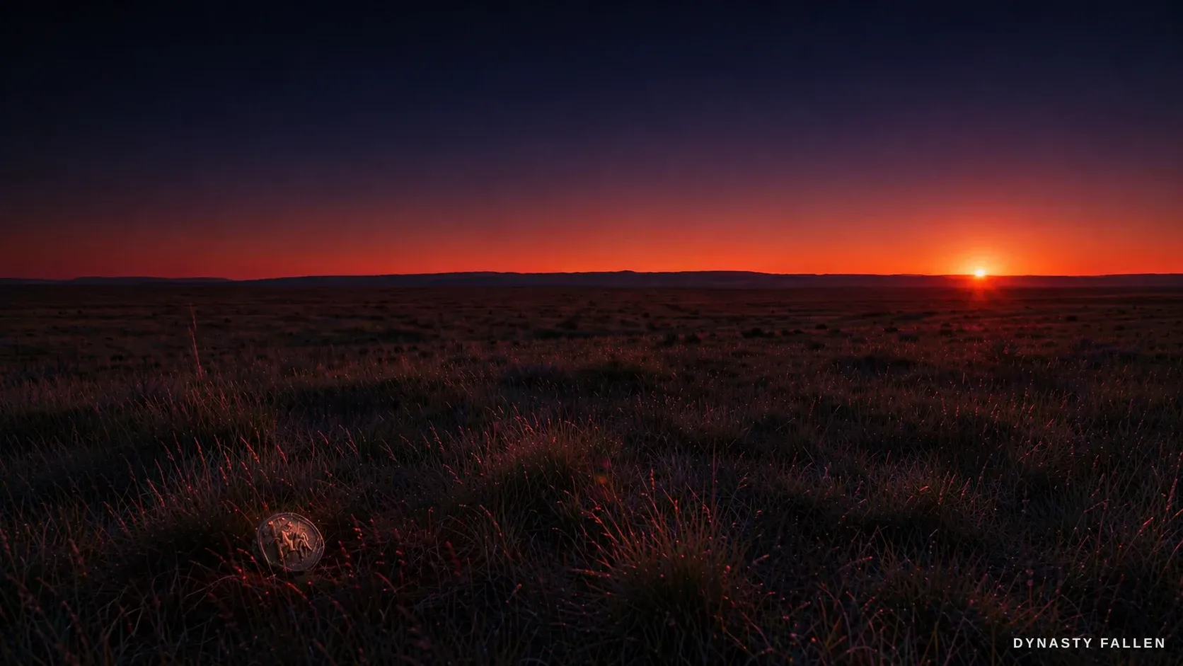 The open steppe stretches empty to the horizon under a blood-red dusk sky.