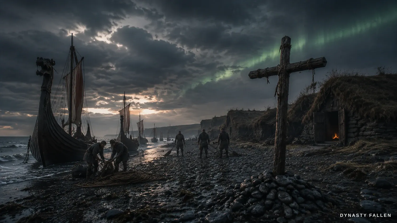 A plain eleventh-century crucifix planted on the Orkney shore, the departing longships small beyond it.