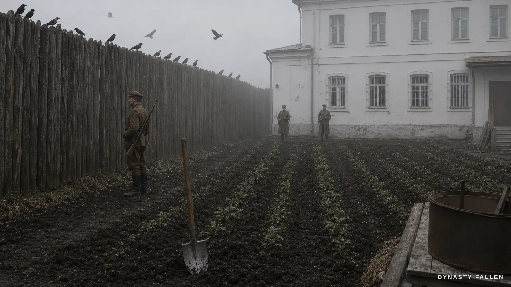 The vegetable garden rows the Romanov family dug behind the Ipatiev House palisade in captivity, under an overcast sky.