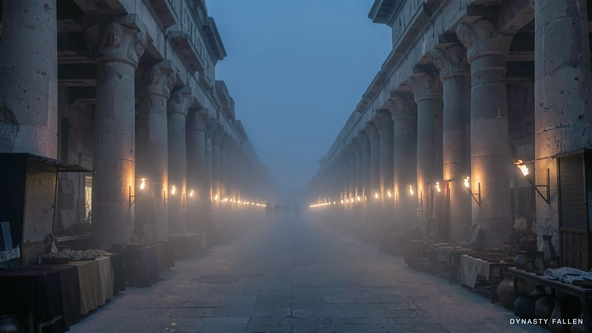 The Great Colonnade stretches endlessly under a pre-dawn sky, empty, first light.