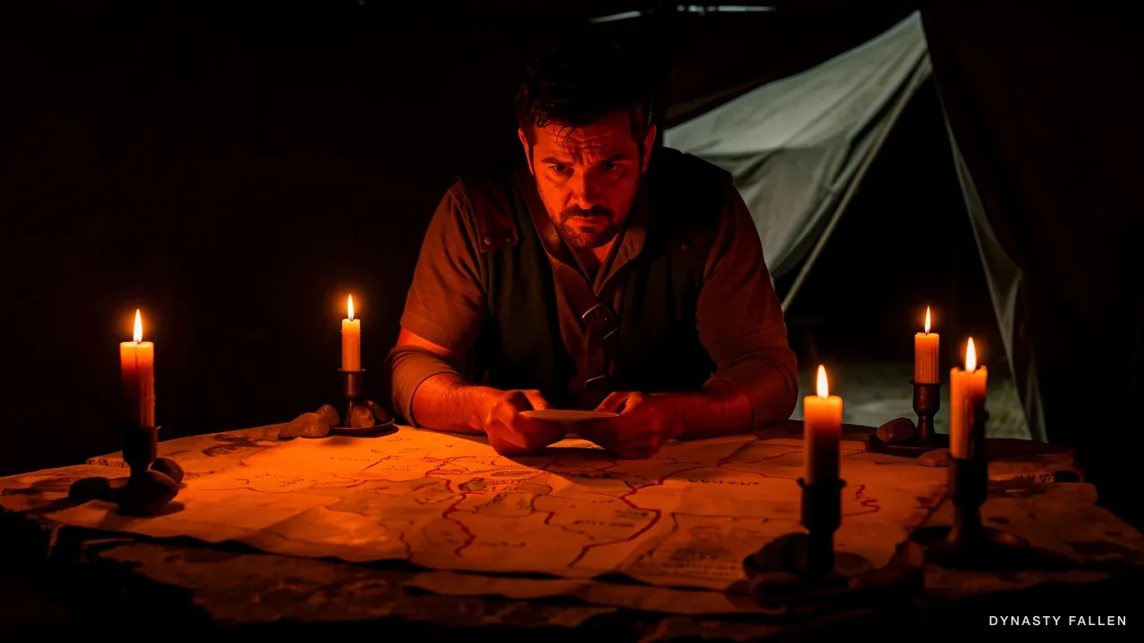 A centurion's face illuminated by lamplight in the Roman camp.