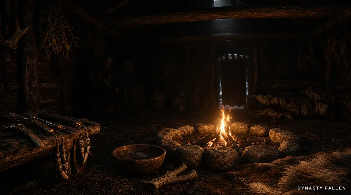 Inside Sami Hut Interior, the central hearth pit dominates t.