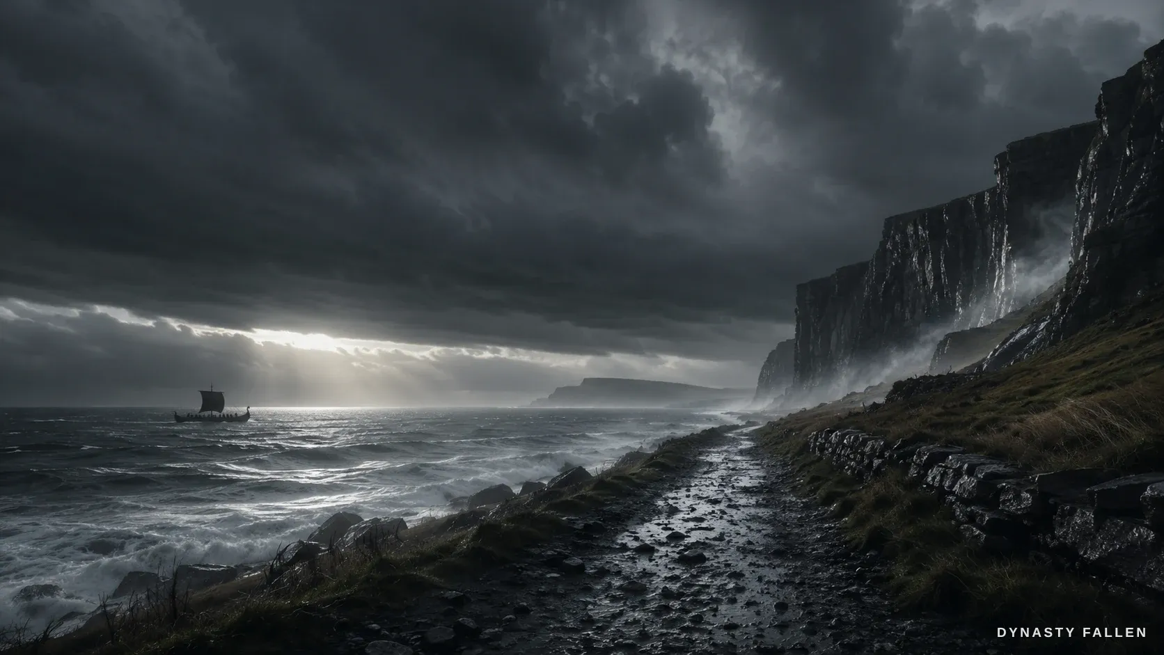 A wide of the open grey sea-road south under a massing storm, a distant longship running before the wind.