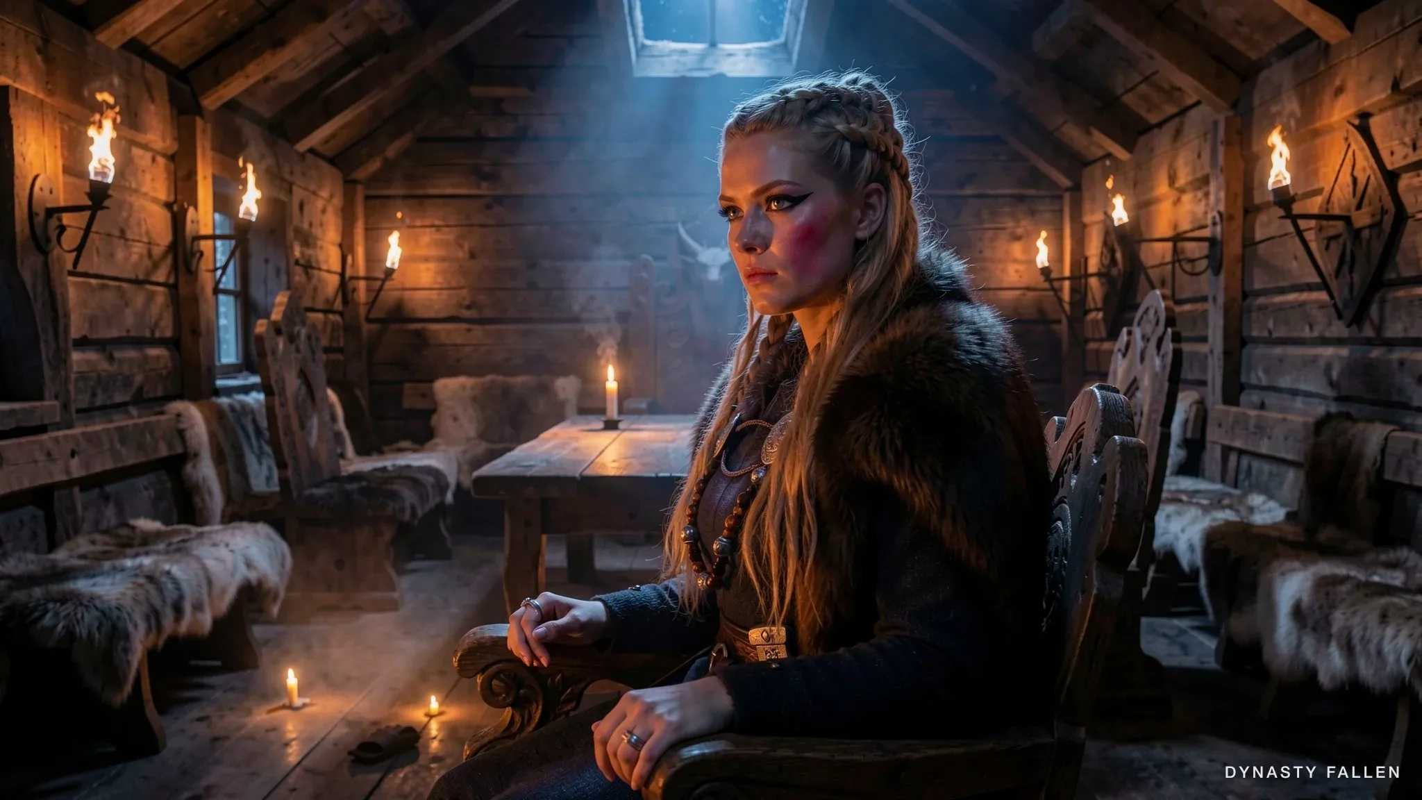 Sigrid in three-quarter profile on the dragon-head dais inside her hall, right hand descending from her cheek toward the carved oak armrest, the cooled flush from the slap still visible under the hand, warm amber candle flicker on her slate-blue wool dress, cold blue shaft from the smoke-hole outlining her brow.