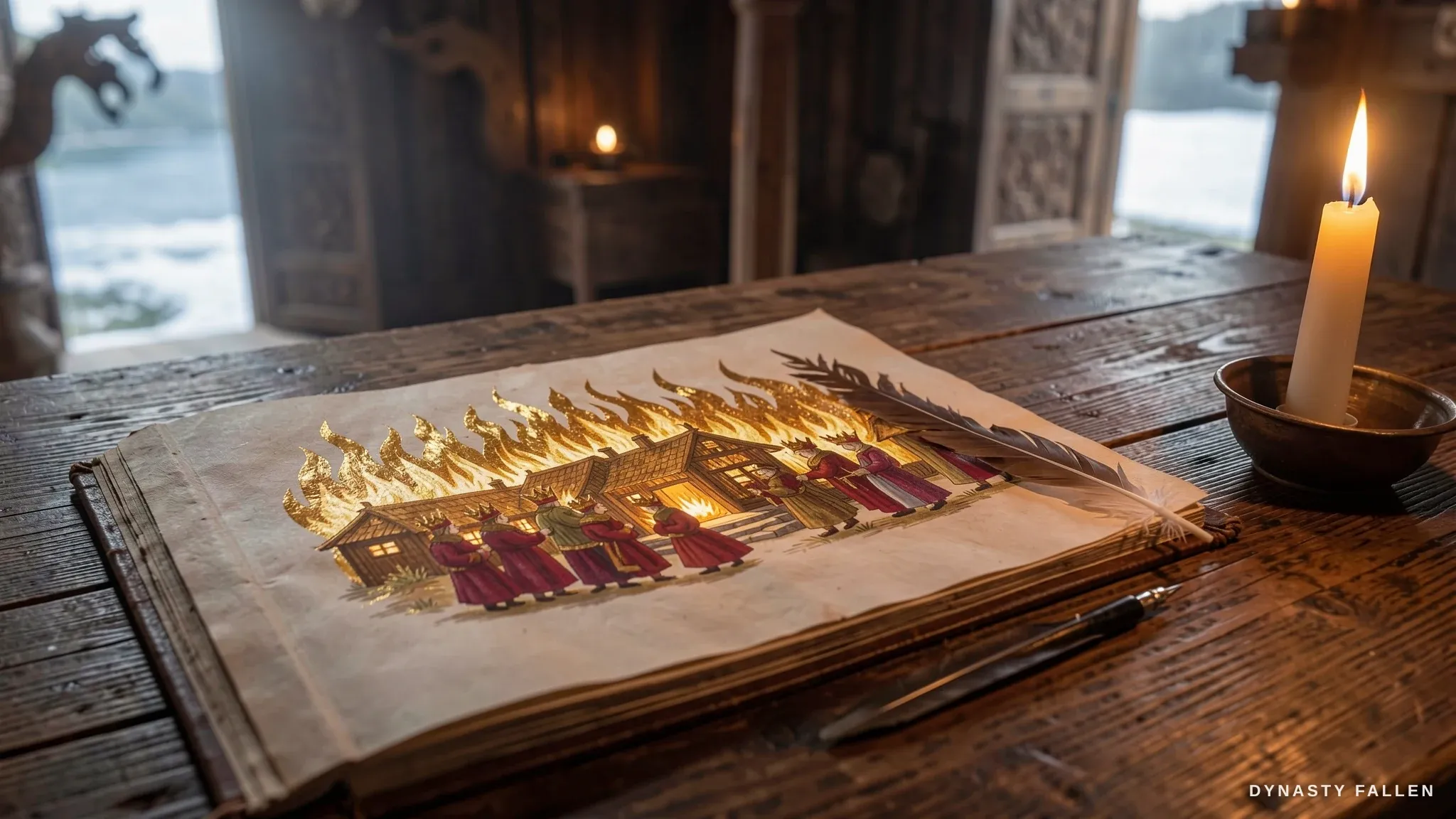 An illuminated manuscript page lies flat on a rough‑hewn woo.