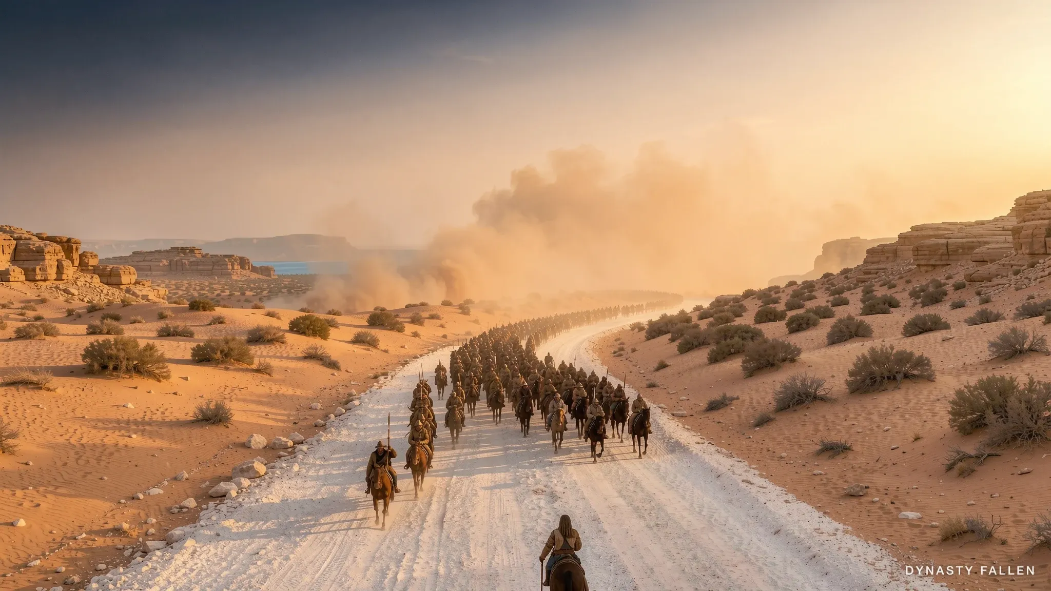 From behind the vanguard, a wide view of the Sinai Desert March road running to the horizon.
