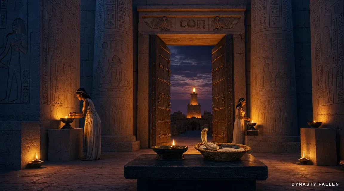 The heavy bronze-bound cedarwood doors of the temple of Isis at Alexandria.