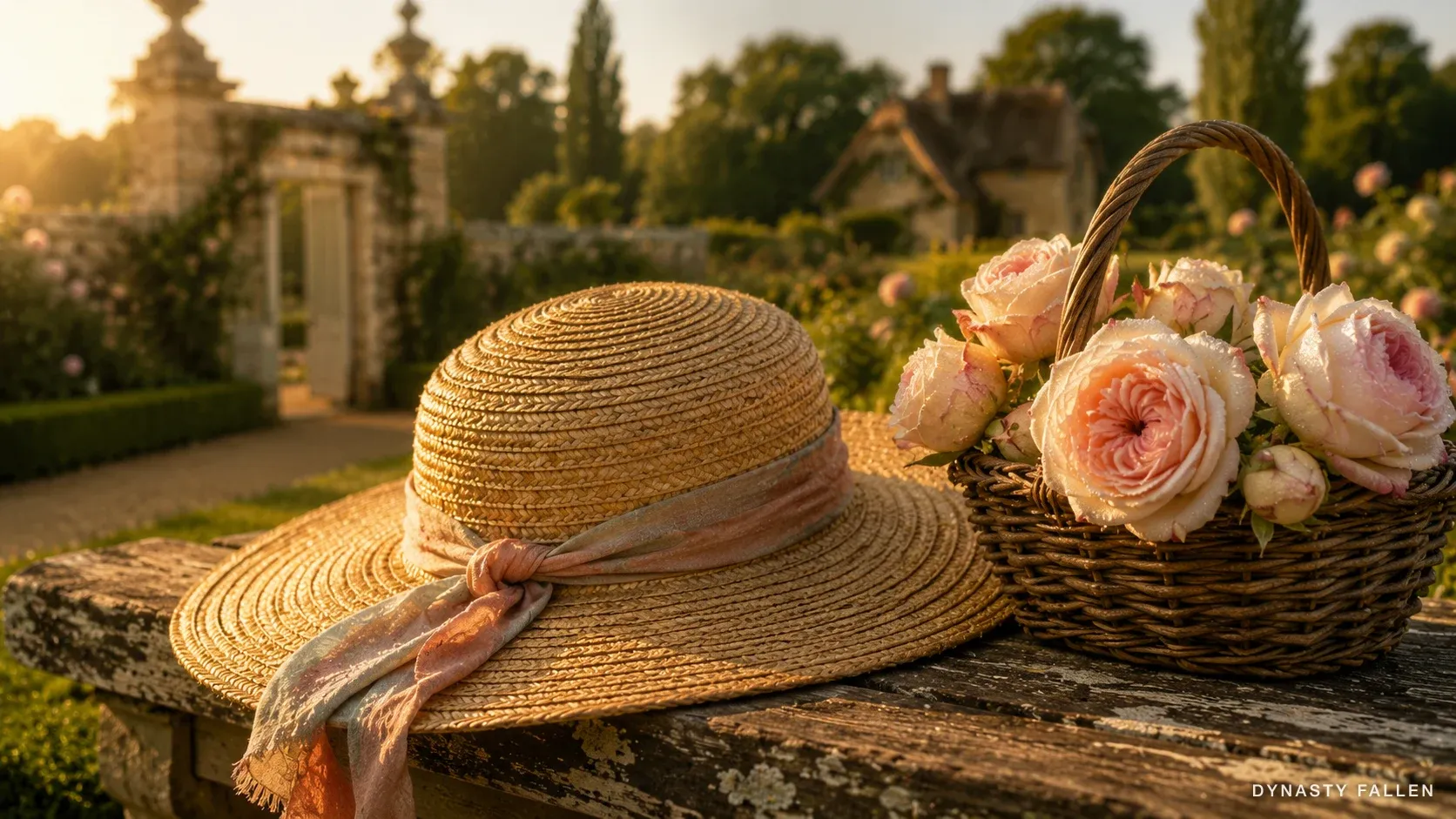 A wide straw hat with a single ribbon resting on a garden bench in the Petit Trianon.