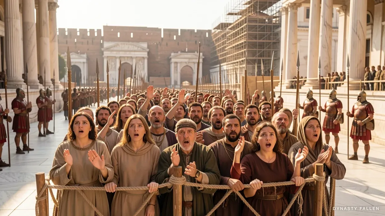 A segment of the Roman crowd framed at medium distance along the route.