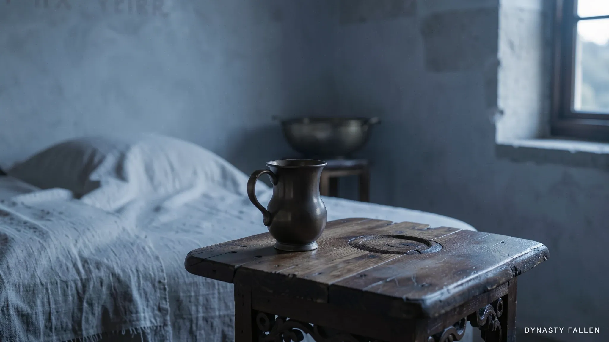 A carved wooden bedside table with a cup and an empty ring.