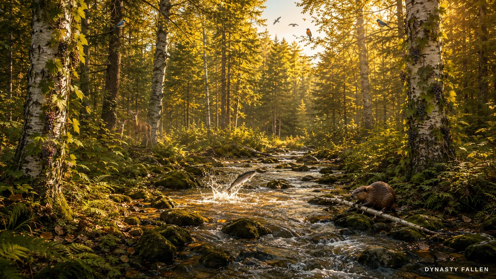 A wide view of Vinland Forest Interior shows the forest alon.