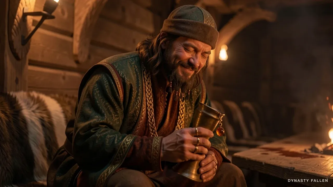 Close-up of Vissavald slumped on a fur bench in the longhouse interior, gold pectoral chain catching torchlight, mead horn dripping a single bead of amber.