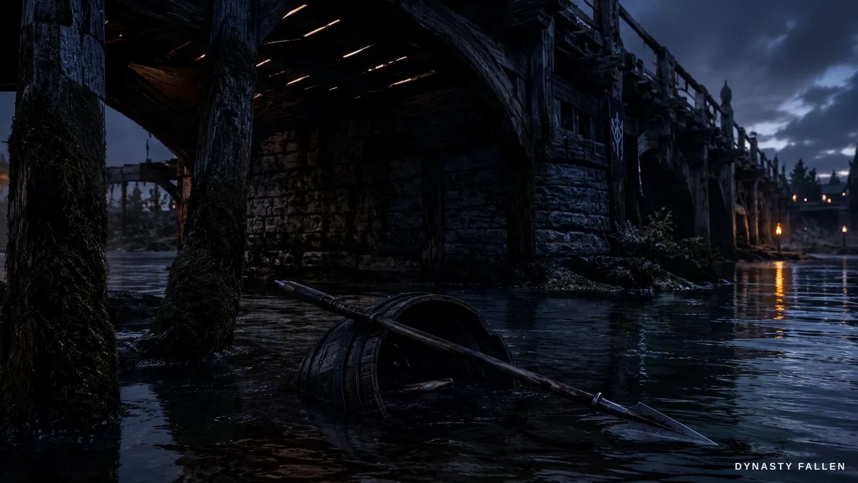 Beneath the bridge in the dark, a spent floating half-barrel drifts and knocks against the timber piles — the trick that ended the lone Norseman's stand.