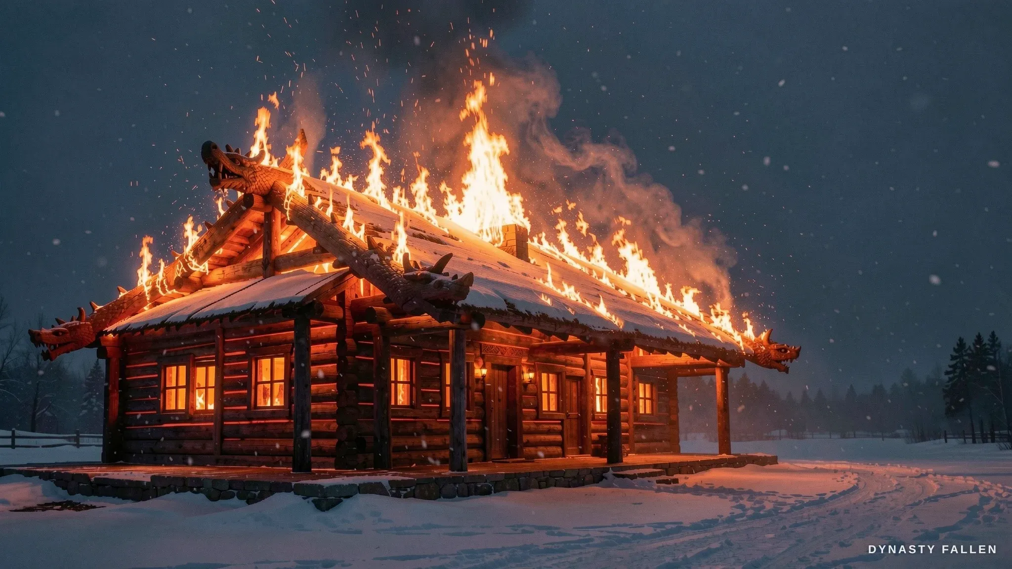 A sweeping view of the Longhouse Exterior Walls ablaze, capt.