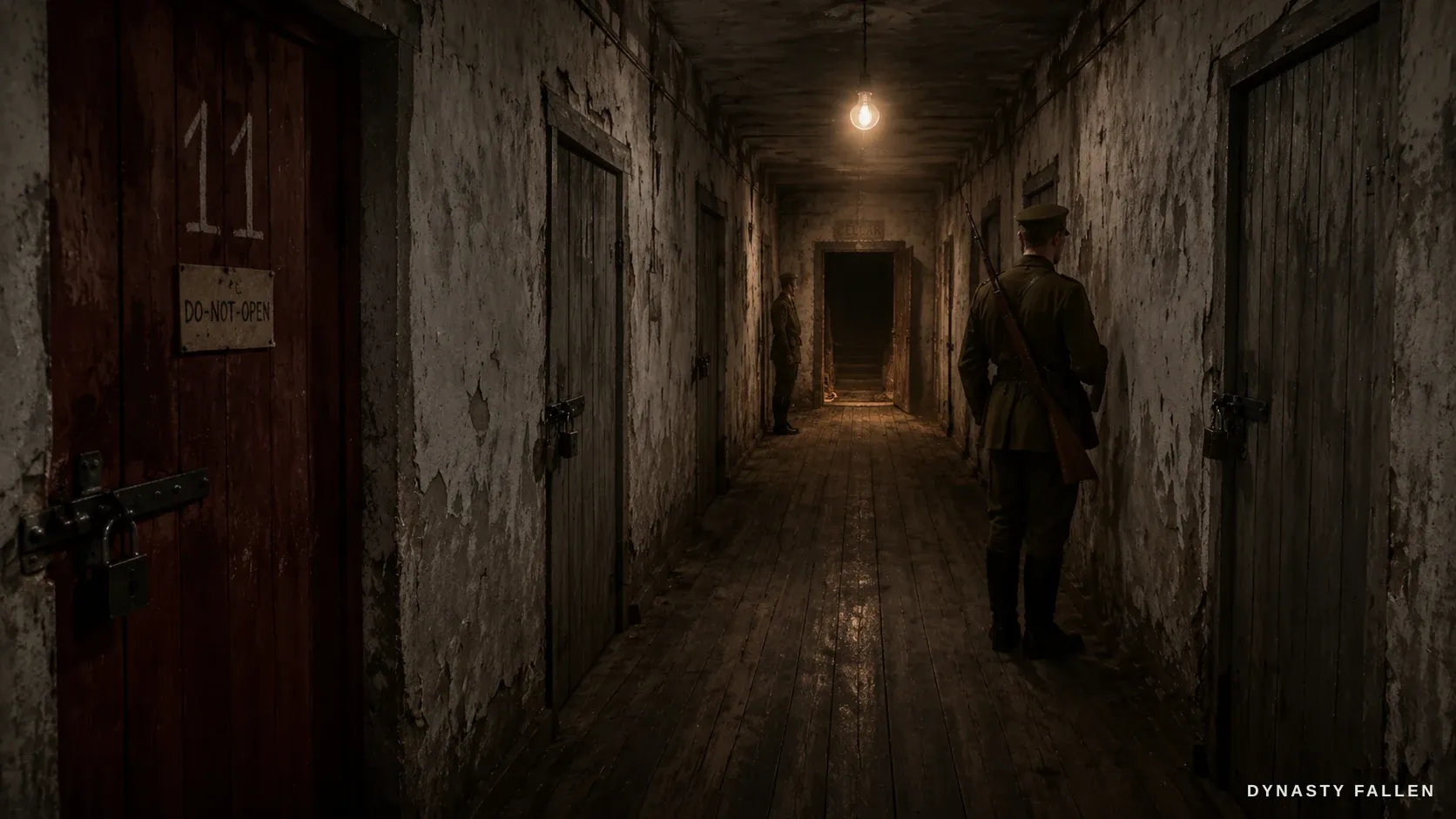 The whitewashed corridor of the 1918 Ipatiev House, the camera moving toward an ajar door.