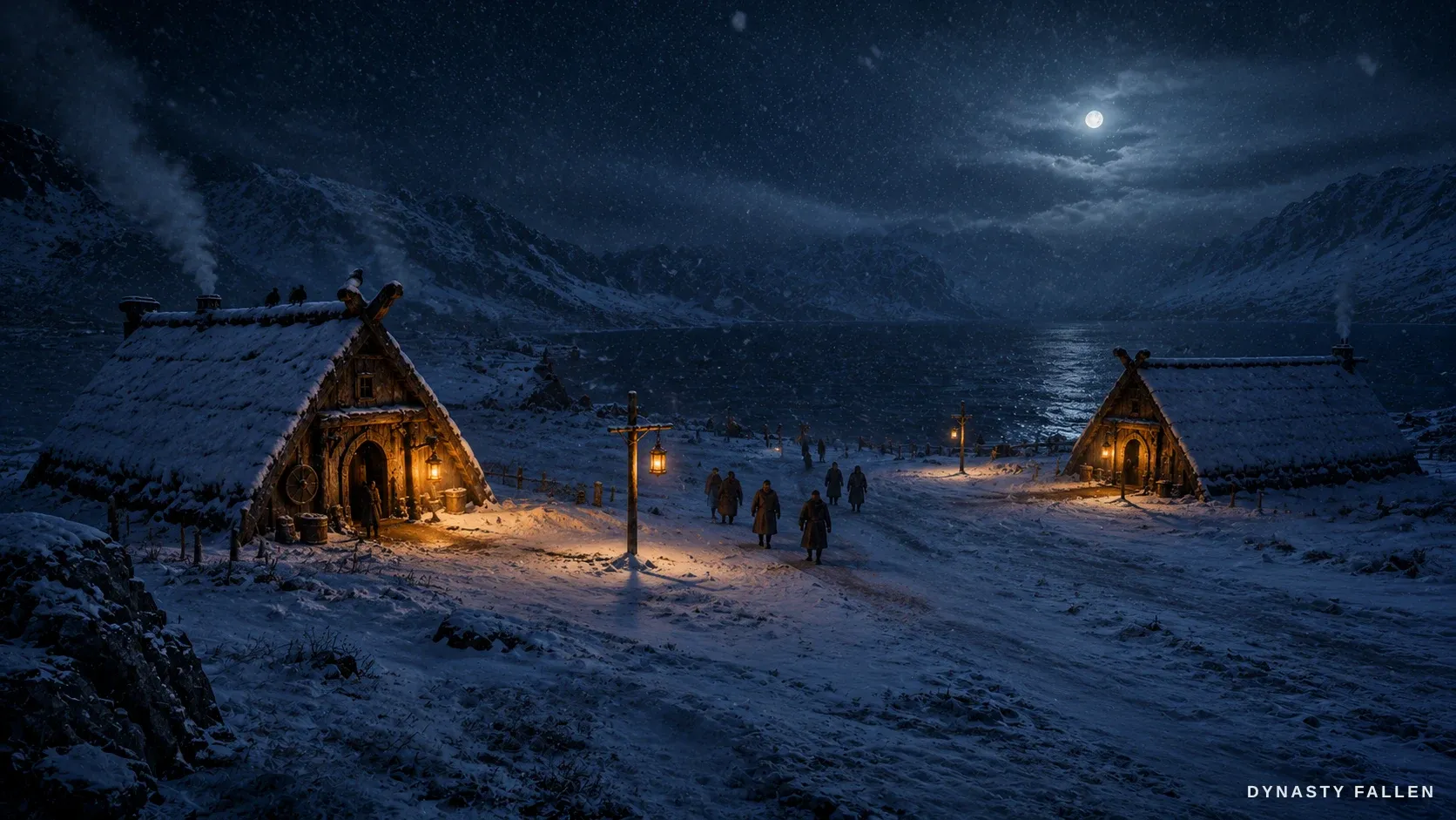 A wide view of the Eastern Settlement winter camp at night s.