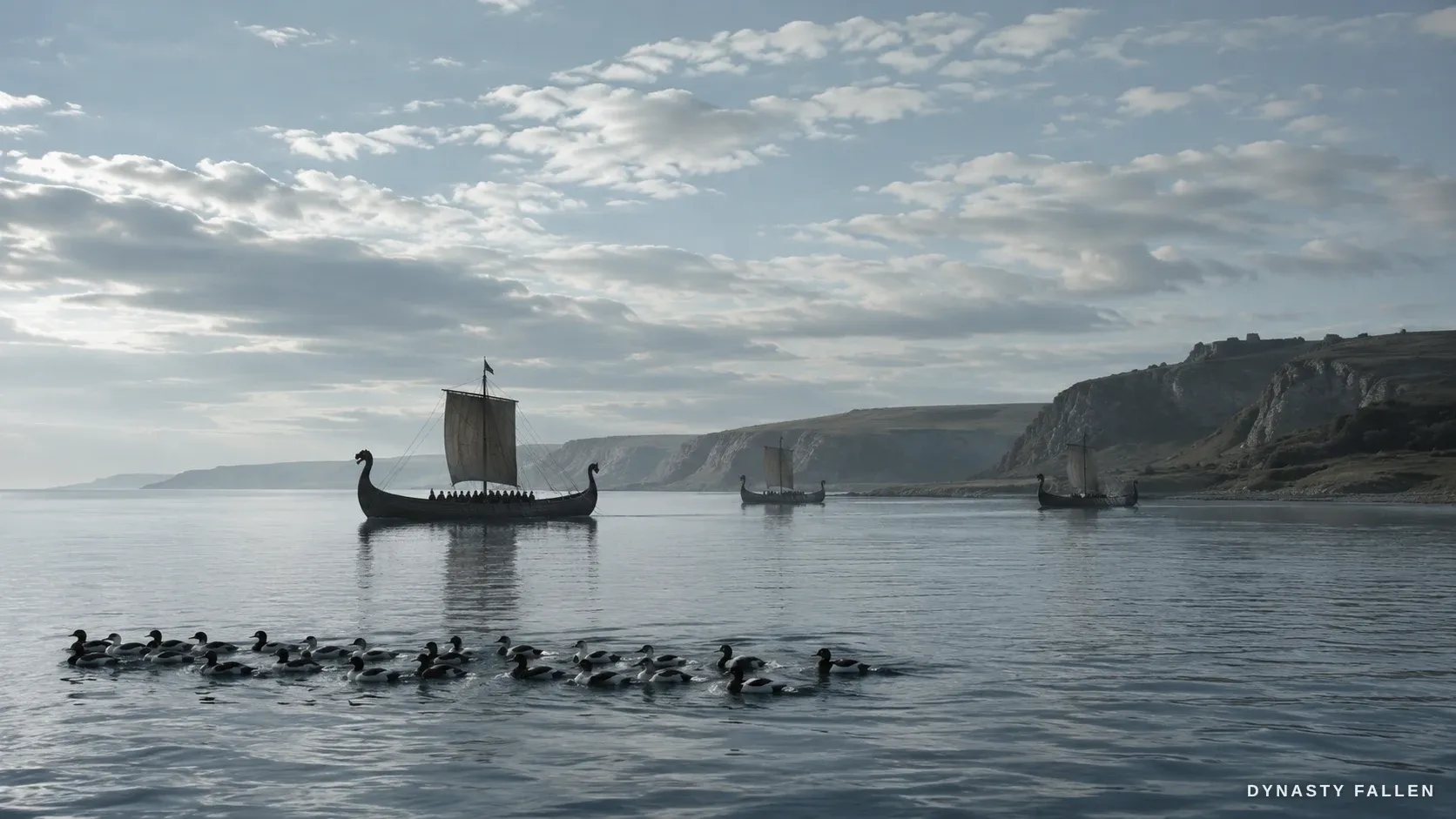 A wide view of a nearly empty sea-bay, only a few dark ships left as the fleet has gone.