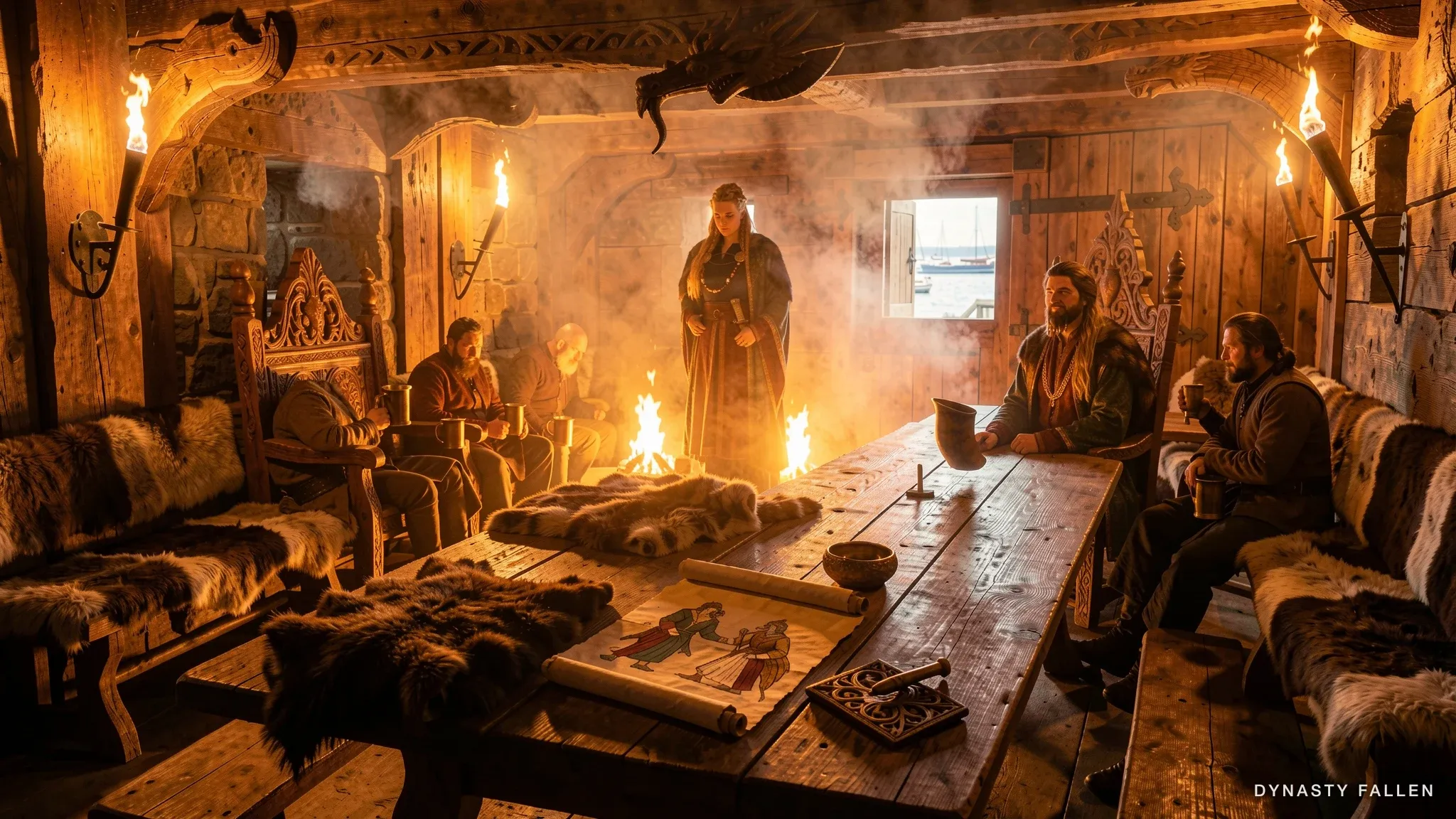 Wide longhouse interior at full feast — torchlight, fur, mead horns, the queen visible at the dais.