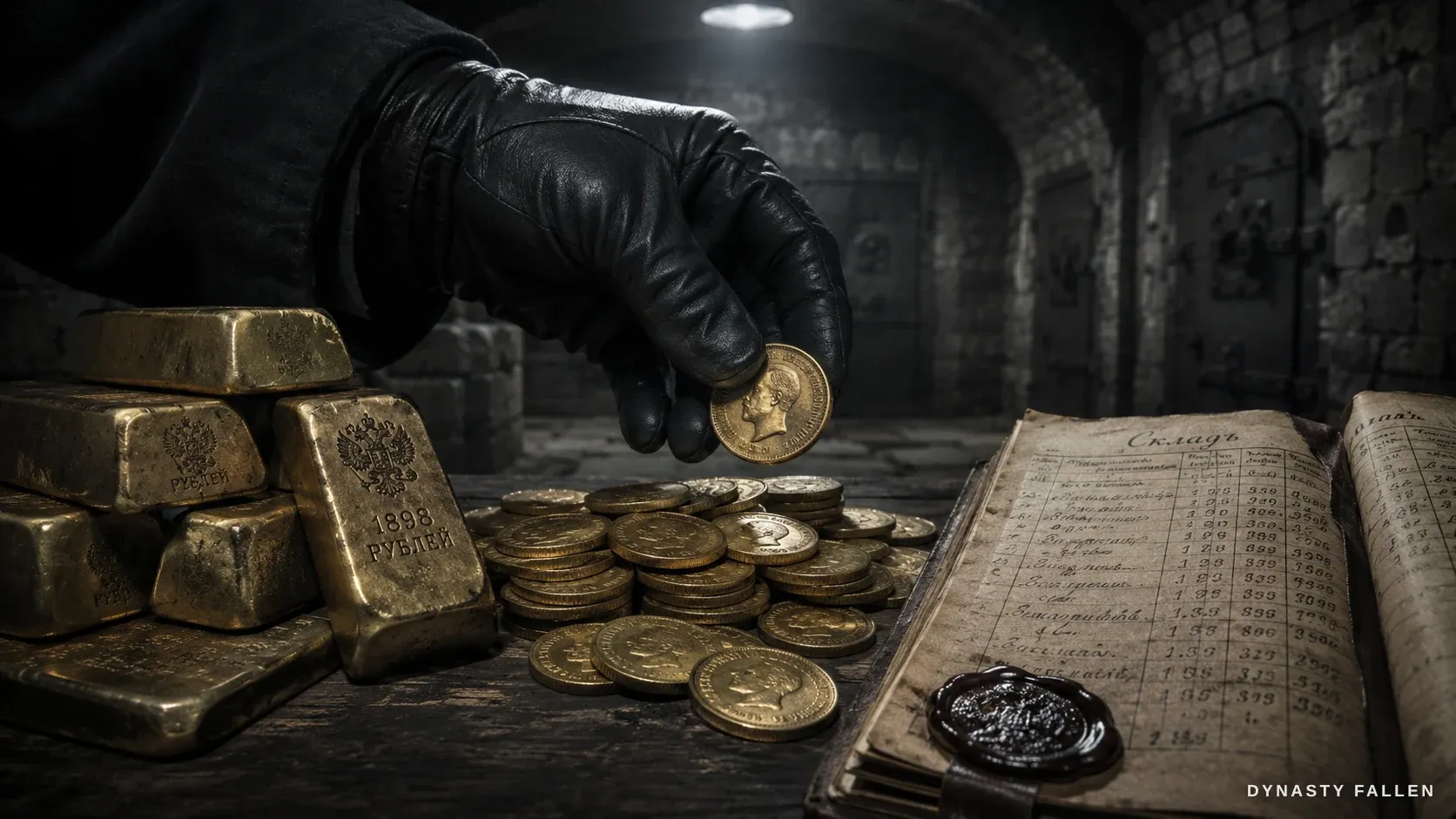 A gloved hand lifting a tsarist gold coin above stacked ingots, heaped coins, a ledger and a wax seal in a cold vault.