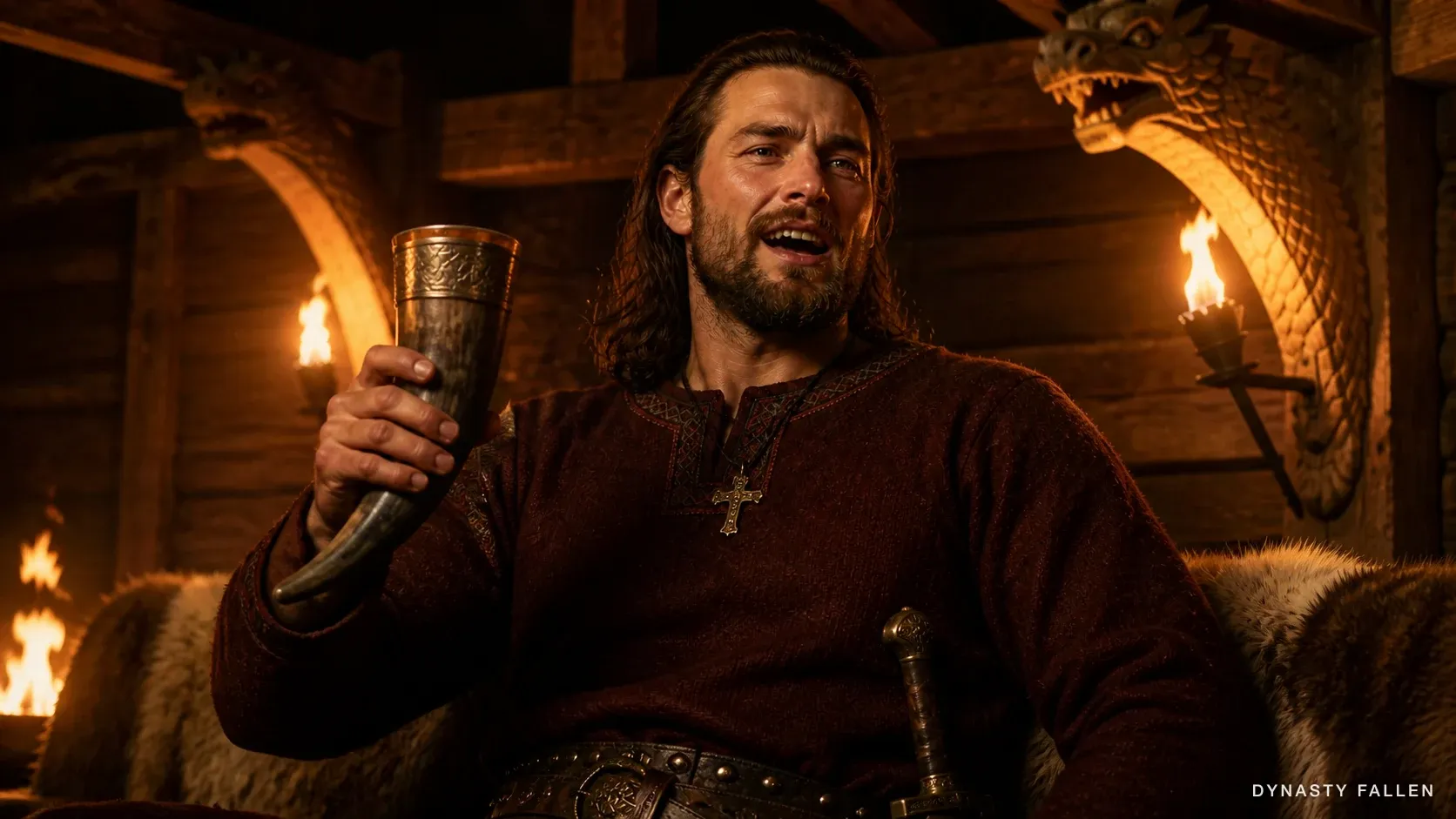 Close-up of Harald Grenske mid-drunken-chant on a fur bench, blond braid over his shoulder, iron rings glinting on his beard, small iron cross at his throat.