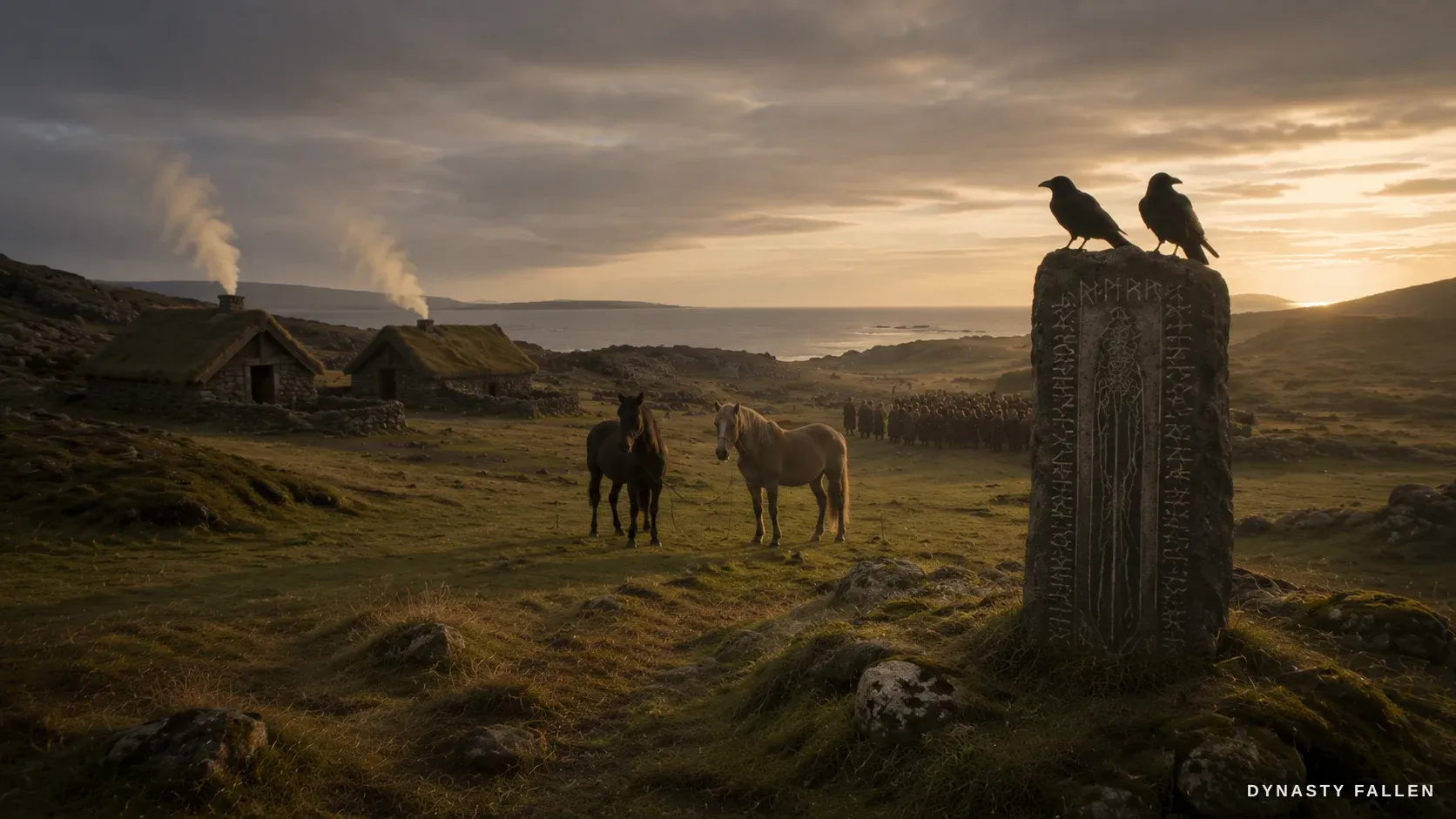 A wide view of a late-10th-century Icelandic landscape farmstead unfolds.