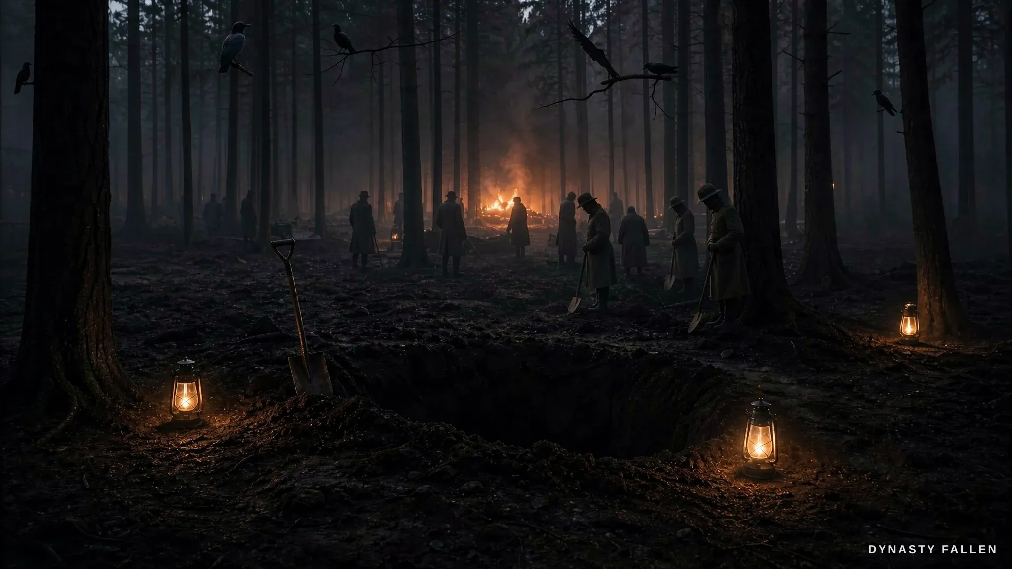 Silhouettes of the 1918 burial detail with shovels at the pit edge in the night forest.