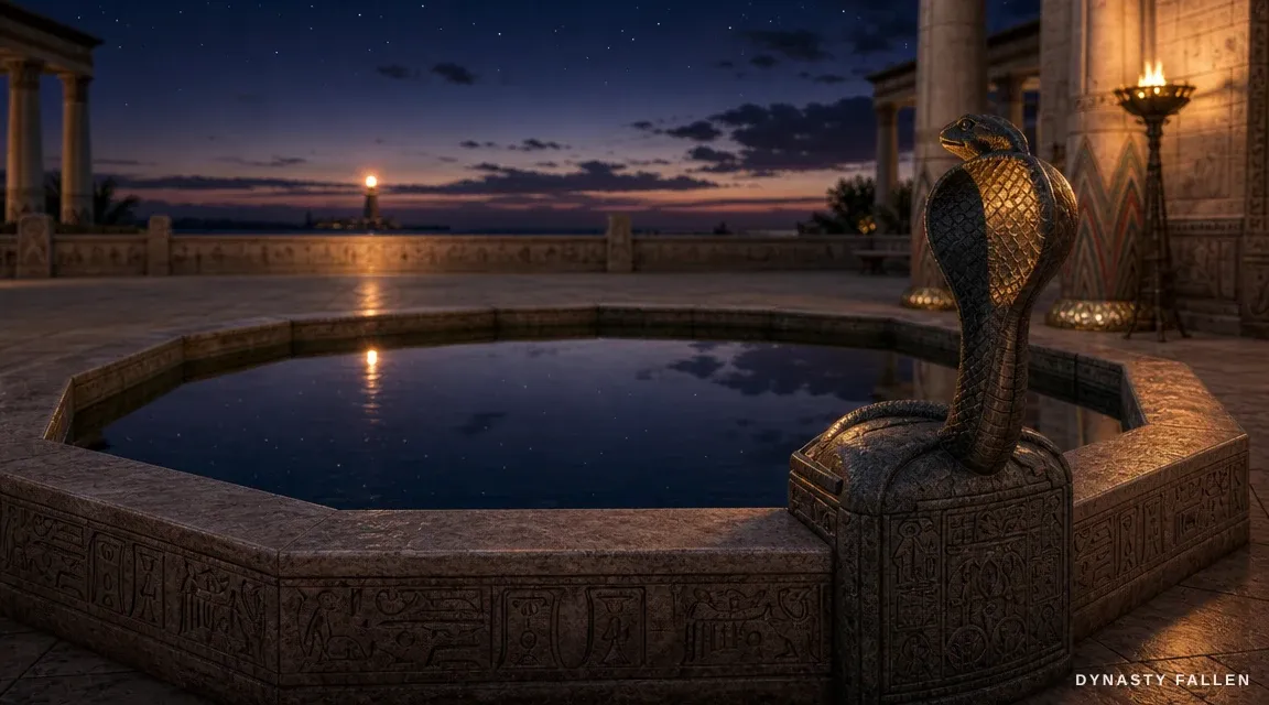 The still surface of the octagonal stone fountain pool in the palace courtyard at dusk.
