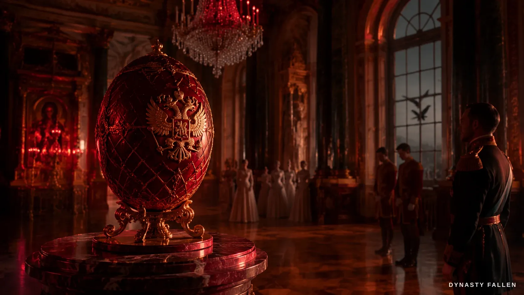 A close-up of a Fabergé egg and its gold crest on a malachite table in the palace hall.
