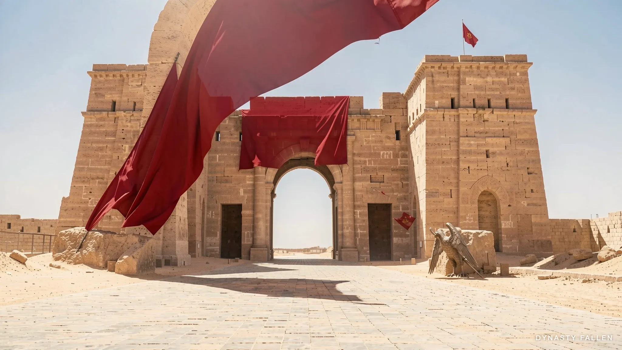 The massive limestone tower of the Palmyra city gate.