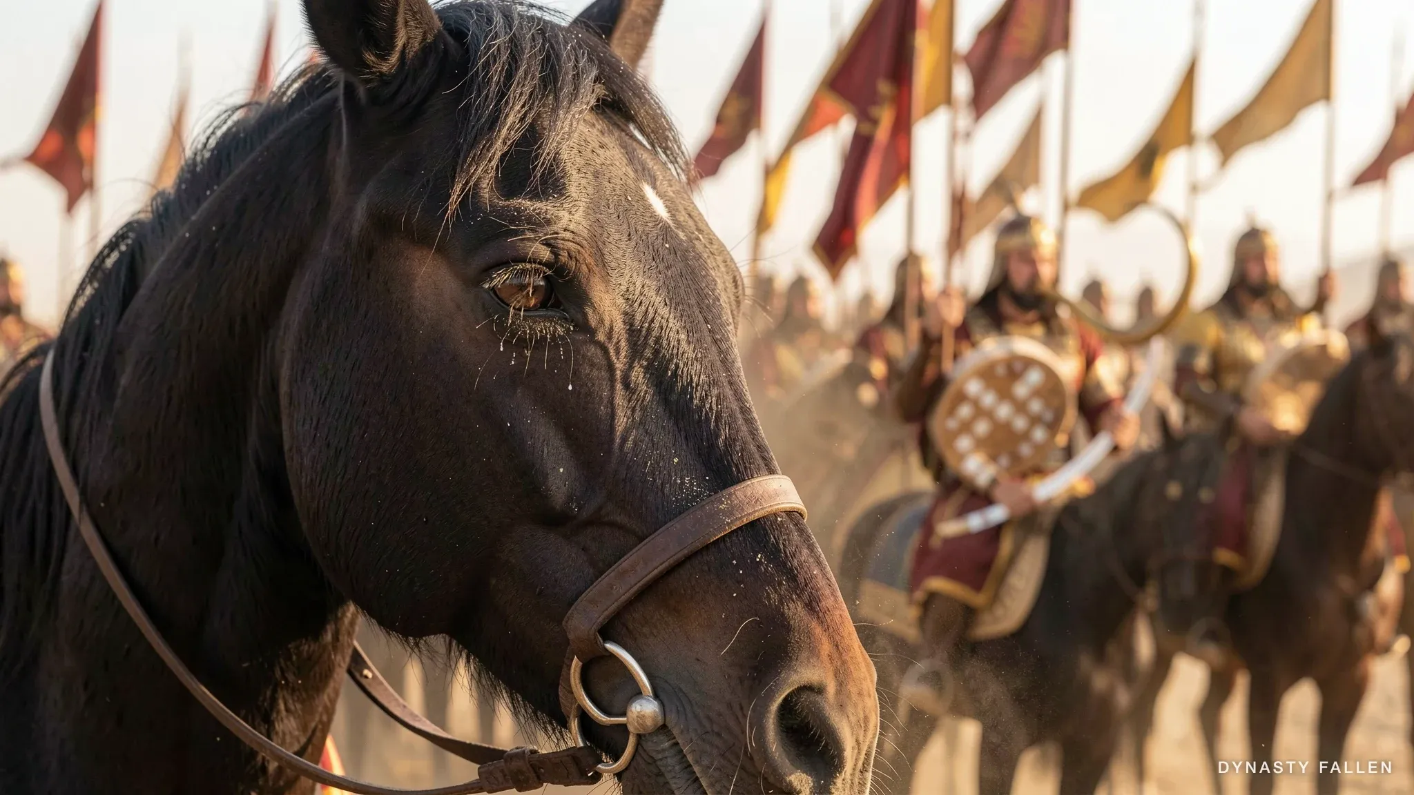 Extreme close-up of a dark bay cavalry horse's eye in profile.