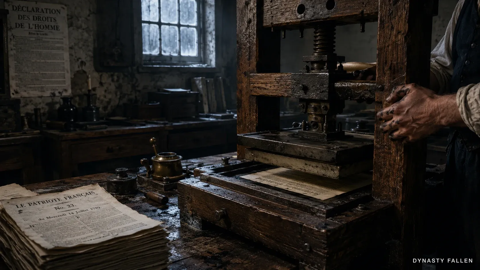 A wooden printing press mid-run — the pamphlet press that manufactured the queen's caricatures.