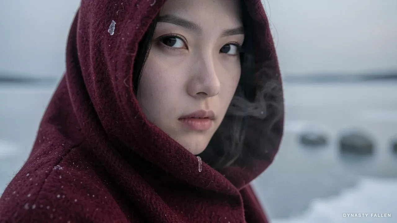 Tight close-up of Rei's lower face against the dark-red wool of her shawl, lips slightly parted poised to articulate the words, a thin veil of breath hanging in the cold air, the blurred surface of the frozen lake at dawn behind her in soft grey.