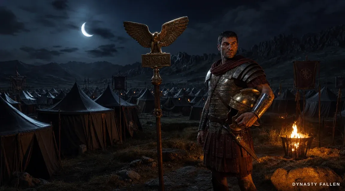 A moon-lit Roman legion encampment spread across a rugged hillside at night.
