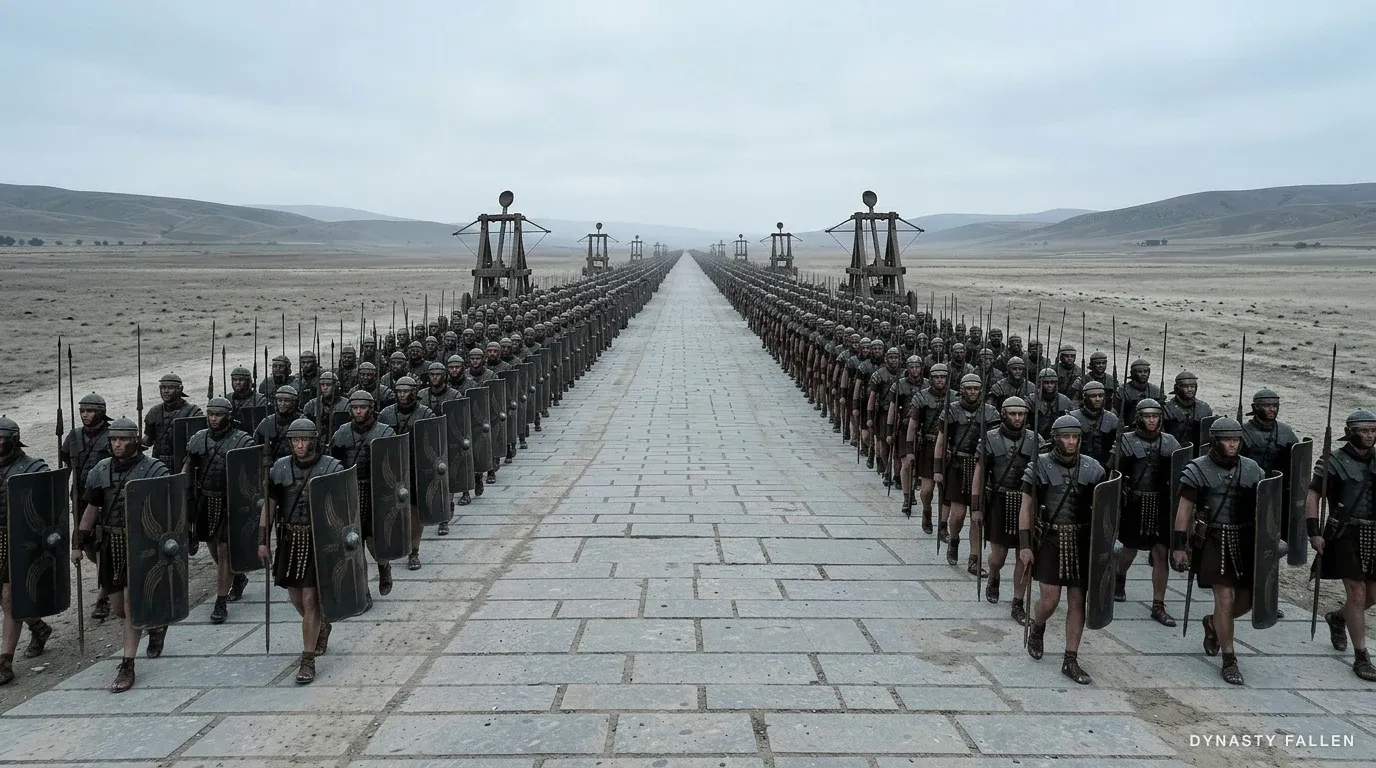 The full column of legionaries on the road north, camera pulling back.
