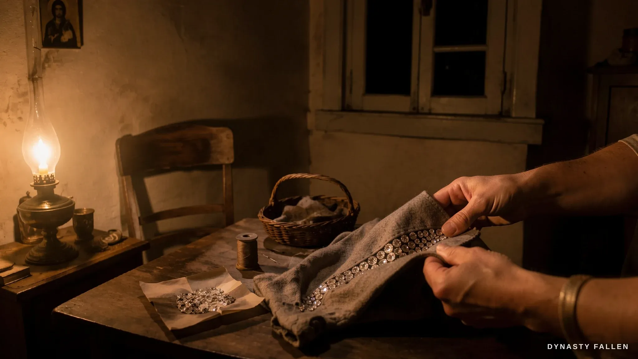 The finished jewel-lined bodice lifted into the lamplight, its hidden stones glinting.