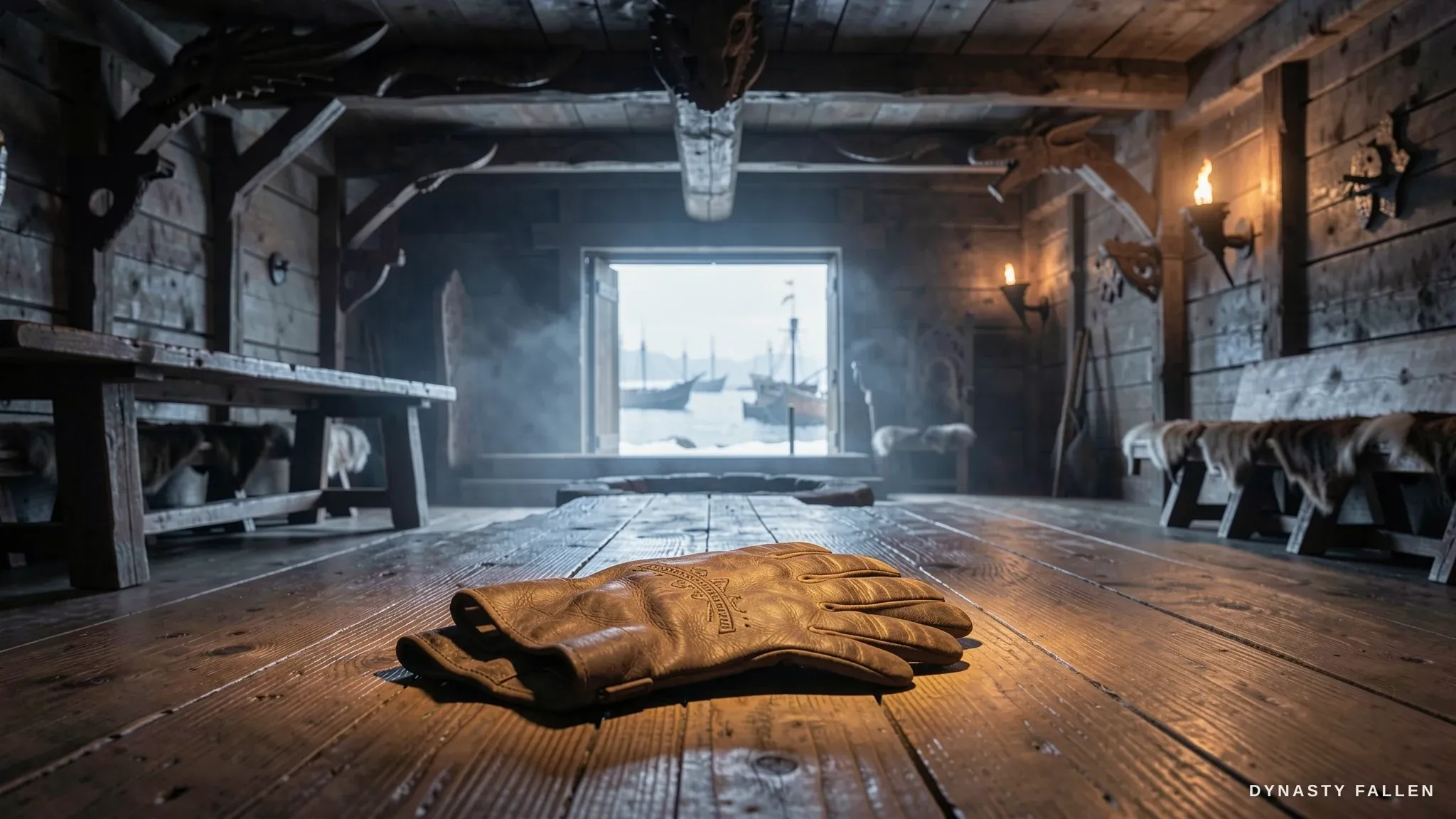 A leather riding glove lies palm‑up on the carved oak floorb.
