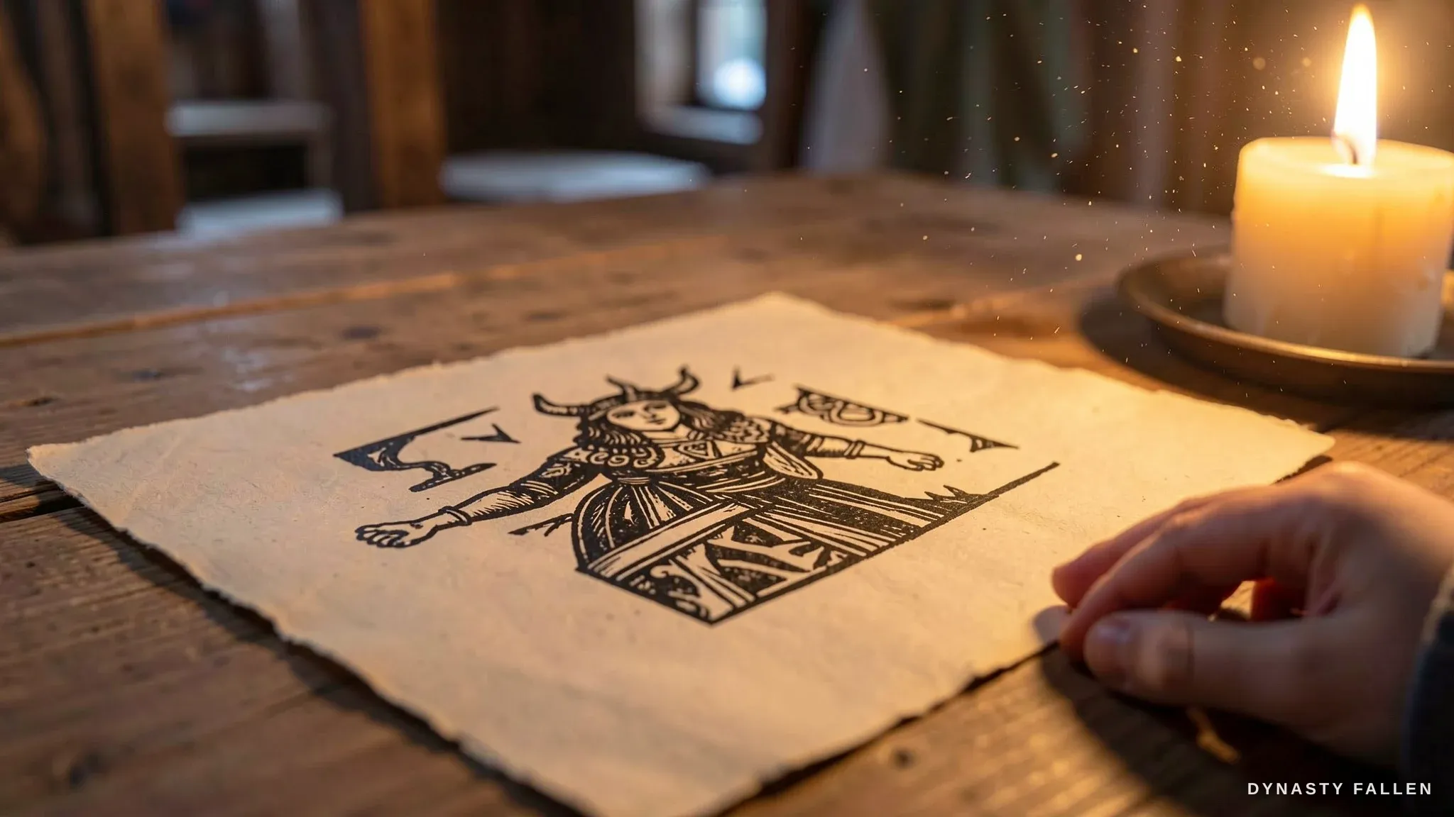 An extreme close‑up shows a crude medieval woodcut printed o.
