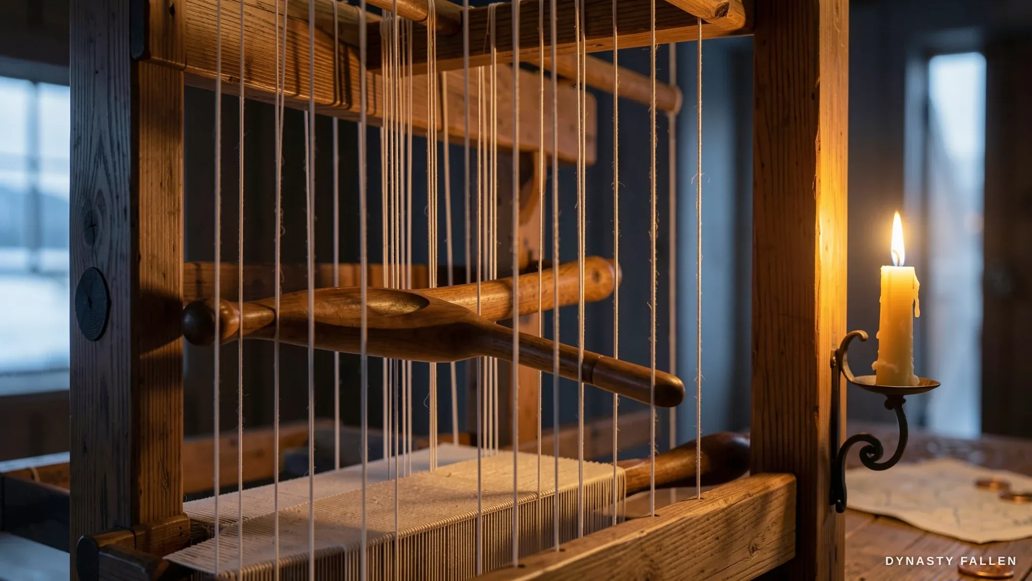 An extreme close‑up of a vertical warp‑weighted loom occupie.