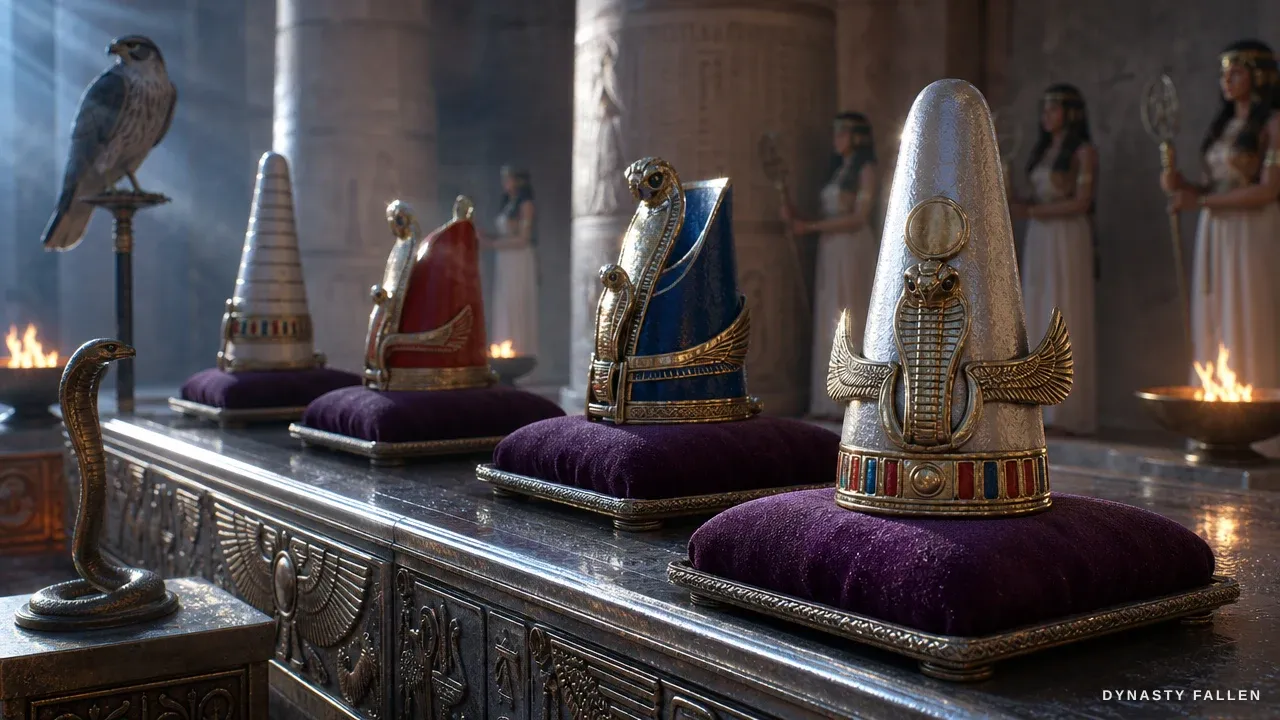 Four ceremonial crowns resting on deep Tyrian-purple cushions on the silver dais.