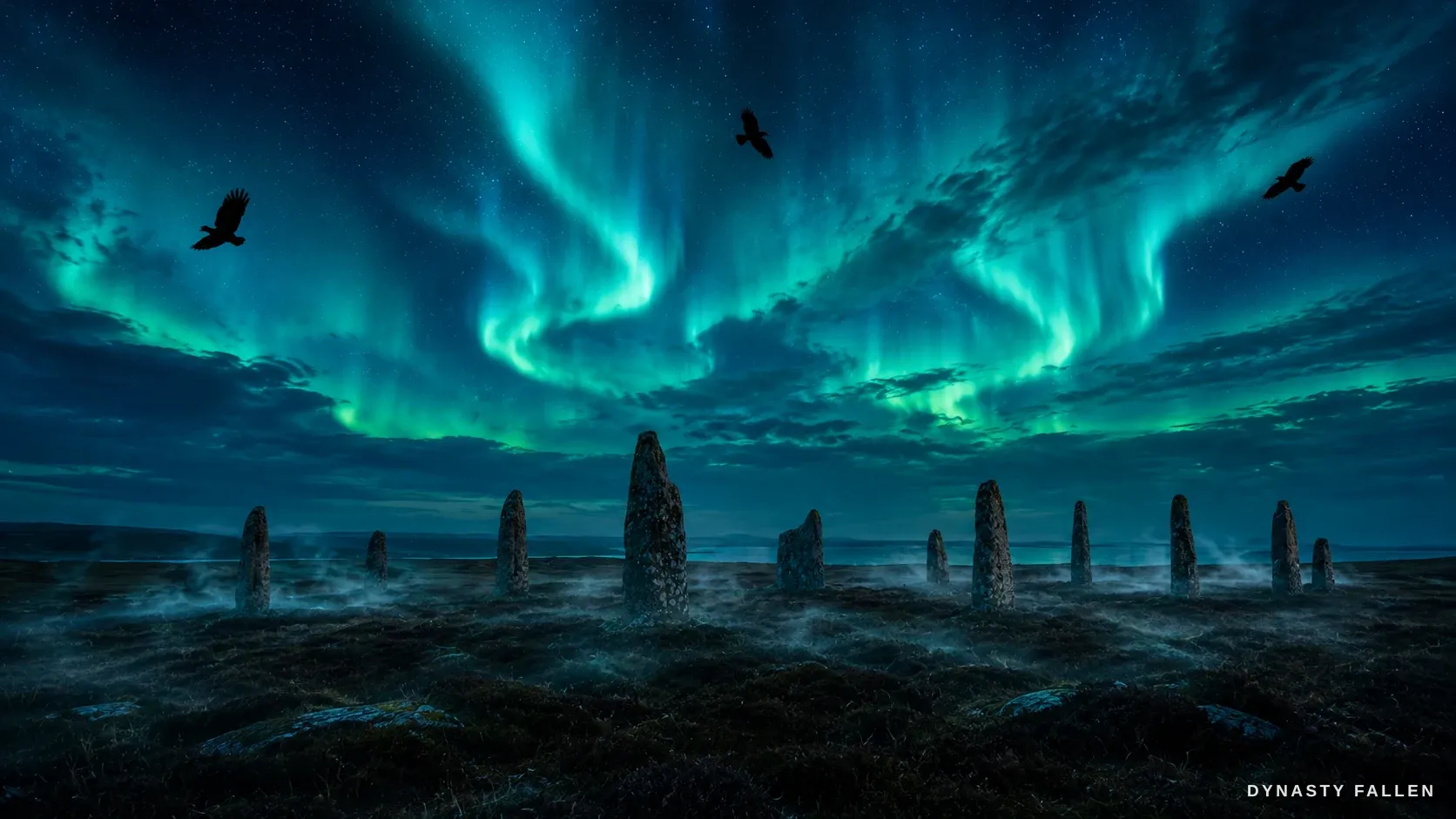 The Orkney standing stones at night beneath a green-blue aurora writhing across the dark sky.