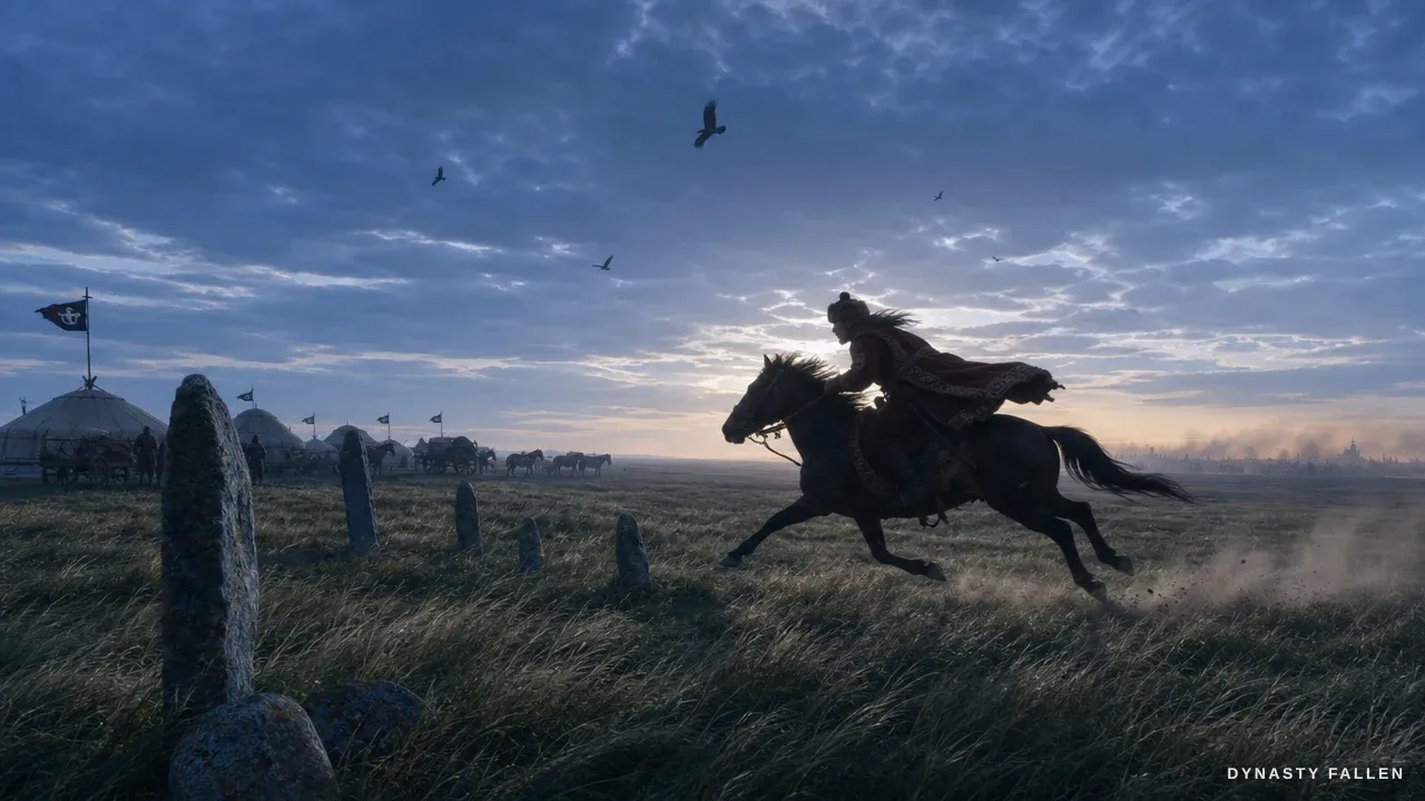 A lone Massagetae courier rides out toward the southern horizon across the empty steppe.