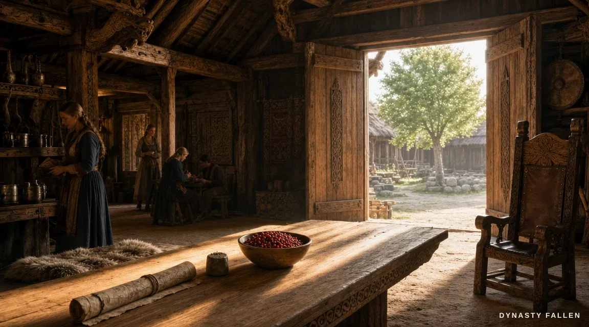 Summer Hall long carved‑oak table bathed in a shaft of warm.