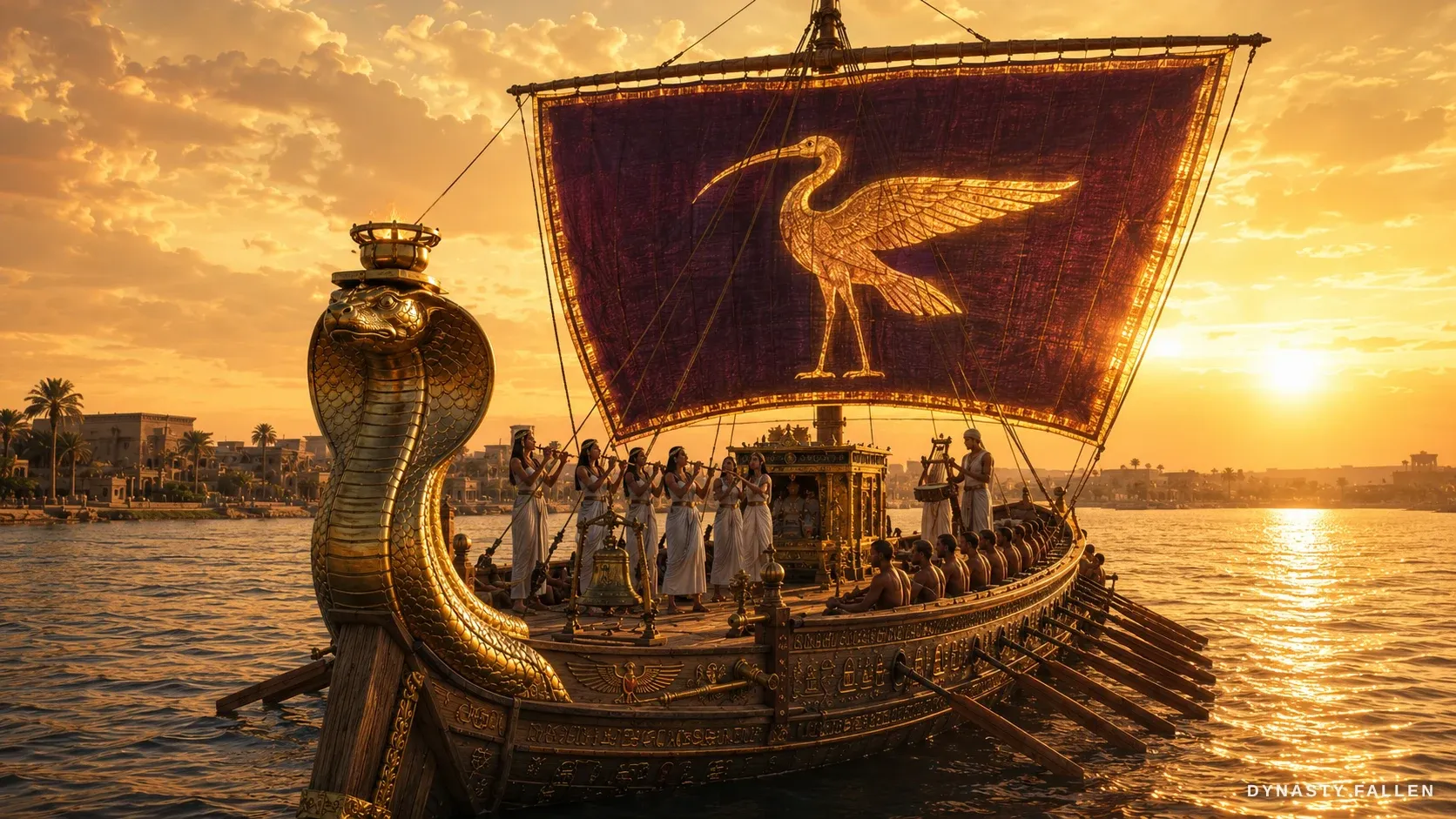 The great Tyrian-purple square sail of the temple-ship, an ibis sweeping across it.