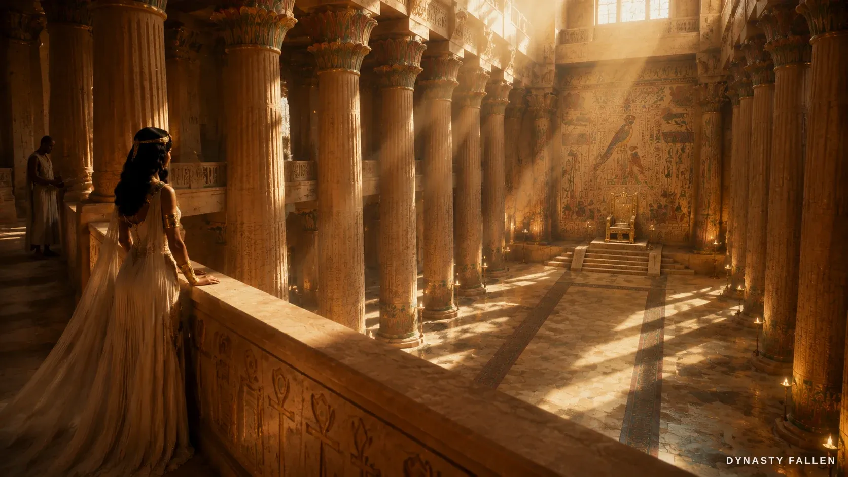 A vast columned audience hall in the palace at Alexandria, golden light between the pillars.