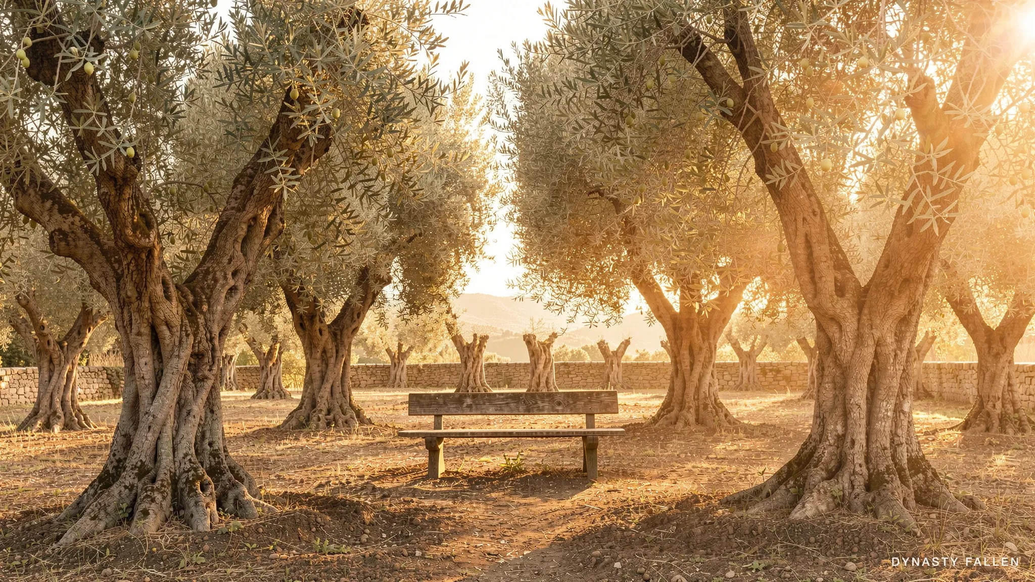 A wide view of ancient olive trees, light drifting across the grove.