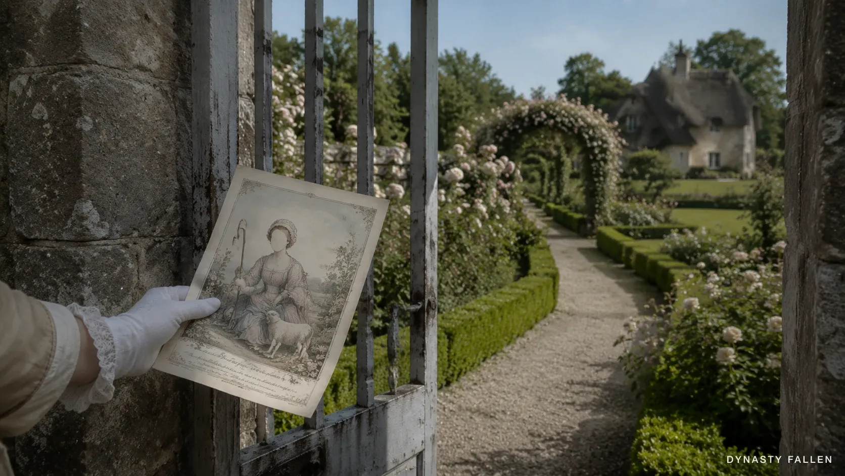 A gloved hand slips a caricature broadsheet through the bars of the Trianon garden gate.