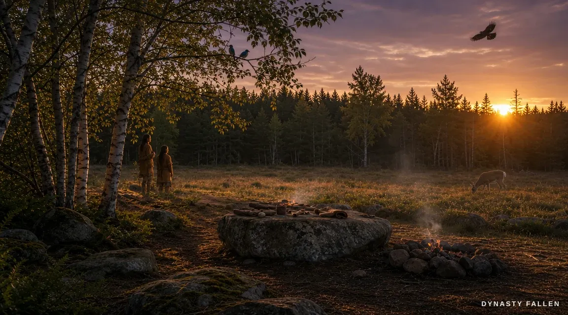 The Vinland Trade Clearing spreads wide under a low sun at t.