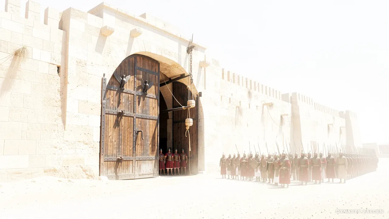 Alexandria's gates swinging open at first light, the city revealed beyond.
